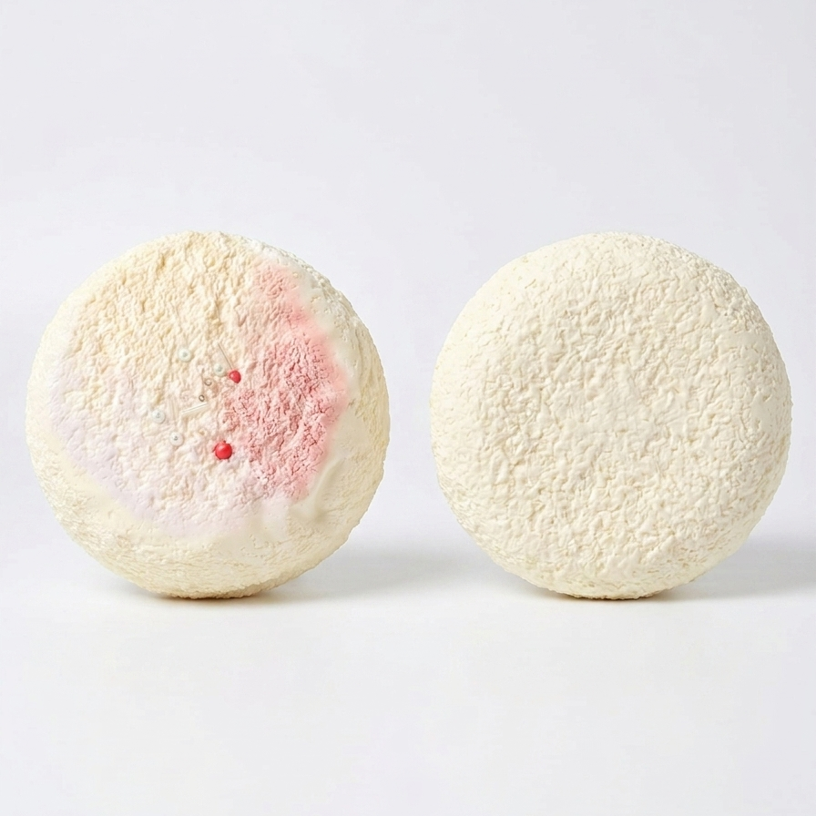 Two round bath bombs on a clean white background, one showing a textured off-white surface with a soft pink and red abstract pattern, and the other showing a smooth, matte off-white side.