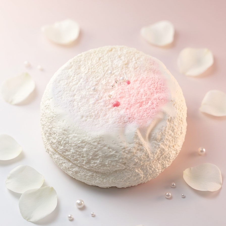 A round white bath bomb or powder bath product with a soft pink glow on top, styled on a pale pink background with scattered white flower petals and small pearl-like beads.