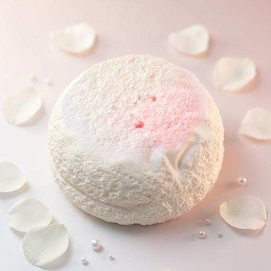 A round white bath bomb or powder bath product with a soft pink glow on top, styled on a pale pink background with scattered white flower petals and small pearl-like beads.
