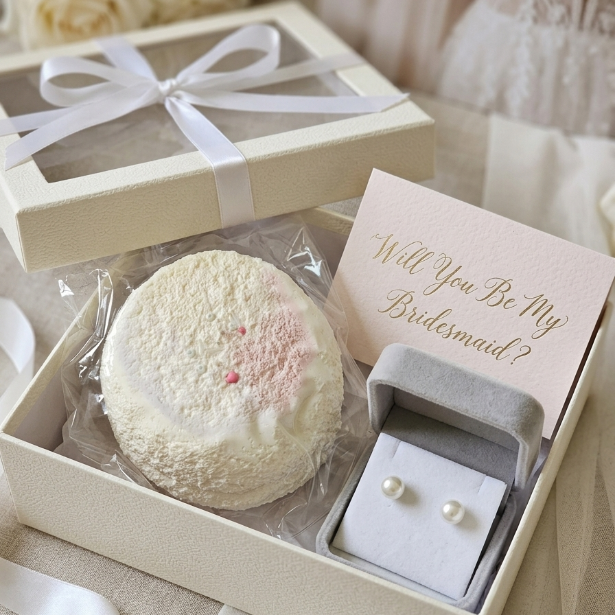 A bridal shower or bachelorette gift set in a cream-colored box, featuring a round white cake with pink frosting details, a pair of white pearl stud earrings in a gray ring box, and a pink card that reads 'Will You Be My Bridesmaid?'. A matching gift box with a white ribbon bow is shown in the background.