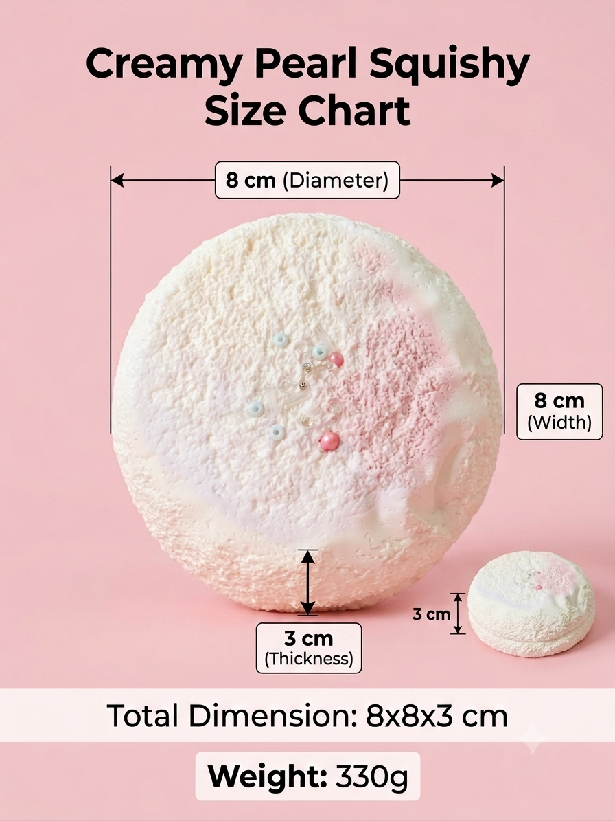 A pink size chart graphic for a 'Creamy Pearl Squishy' bath bomb, showing a large product with dimension labels of 8 cm diameter, 8 cm width, and 3 cm thickness, plus a smaller inset product and text stating total dimension 8x8x3 cm and weight 330g.
