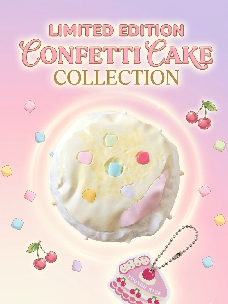 Promotional graphic for the 'Limited Edition Confetti Cake Collection' featuring a central frosted cake with colorful confetti pieces and a pink cherry slice keychain below it, set against a pastel pink and yellow gradient background.