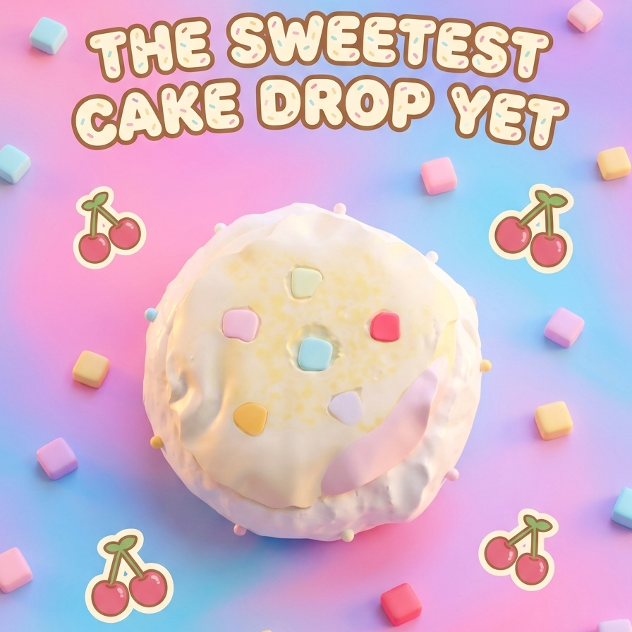 A pastel pink and blue gradient graphic featuring a frosted cake drop in the center with the text 'THE SWEETEST CAKE DROP YET' above it. The scene is decorated with scattered candy cubes and cherry illustrations, and a small 'youyou rice' mark appears in the bottom right corner.