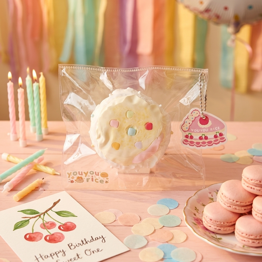 A round white frosted cake-shaped squishy toy in a clear plastic bag sits on a pastel birthday table setting with candles, confetti, pink macarons, a birthday card, and a balloon in the background.