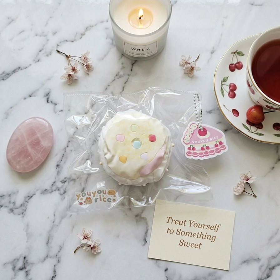 A packaged dessert-shaped item with a pink and yellow pattern sits on a white marble surface, styled with a lit vanilla candle, a cup of tea, cherry motifs, a pink stone, and a card that reads 'Treat Yourself to Something Sweet'.