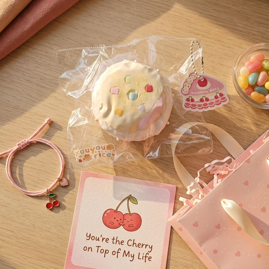 A cute pink and white cherry-themed gift set on a wooden table, featuring a packaged squishy toy, a pink cherry hair tie, a printed card reading 'You're the Cherry on Top of My Life', and a pink heart-patterned gift bag.