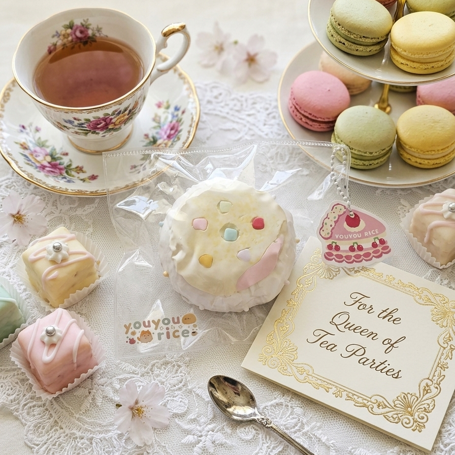 A styled tea party scene with a floral teacup and saucer filled with tea, pastel macarons on a tiered stand, small square sweets, a frosted dessert in plastic wrap, and a card that reads 'For the Queen of Tea Parties' on a lace tablecloth.