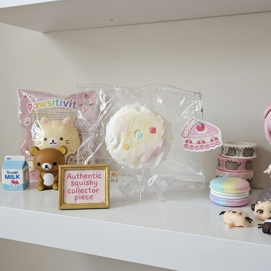 A collection of cute pastel-themed collectible squishies and accessories displayed on a white shelf, including a donut-shaped squishy in clear packaging, a cat plush, macarons, and a small sign reading 'Authentic squishy collector piece'.