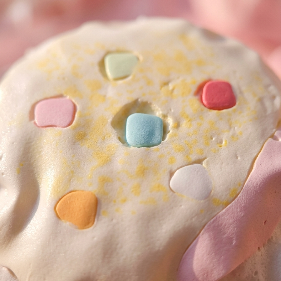 A close-up of a pastel pink and cream donut-shaped item, likely a marshmallow or decorative pastry, topped with small colorful heart and square candies and yellow speckles.