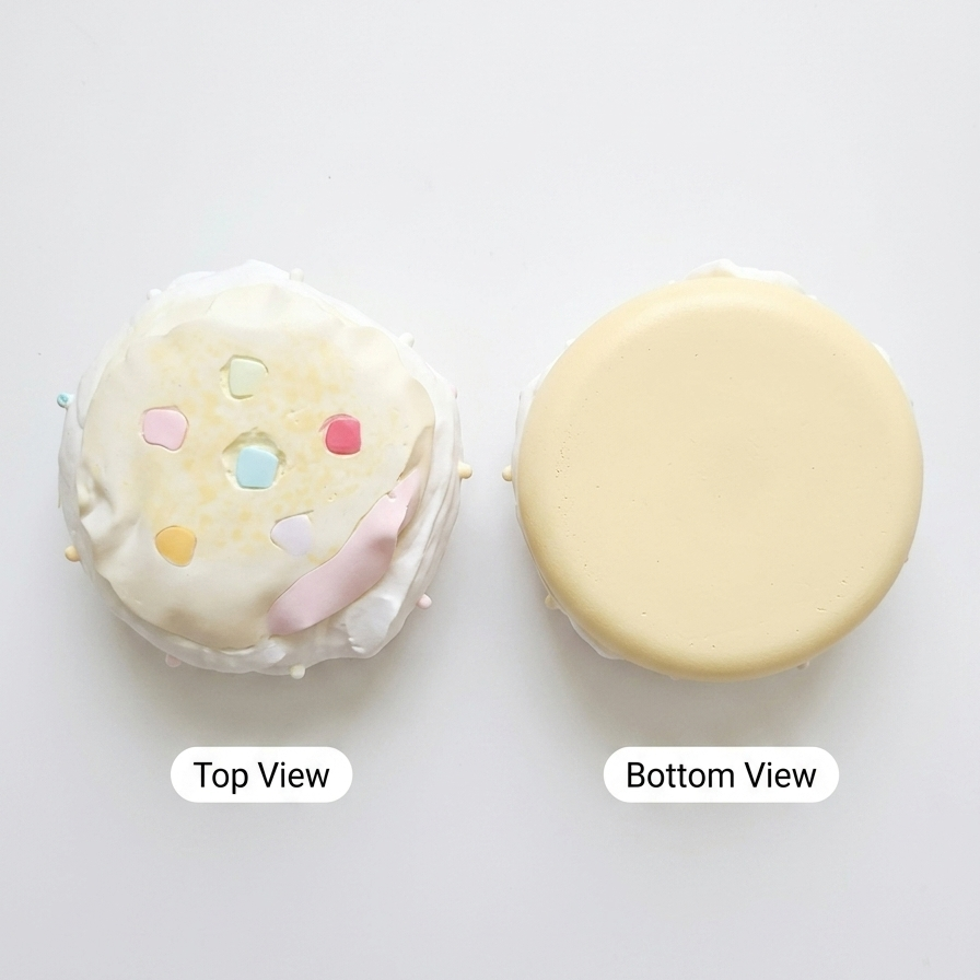 A product detail image showing a YouYou Rice Cake Squishy from both top and bottom views on a white background. The top view shows a pale cream-colored surface with small pastel-colored heart and dot decorations, while the bottom view shows a smooth, solid pale yellow-beige side.