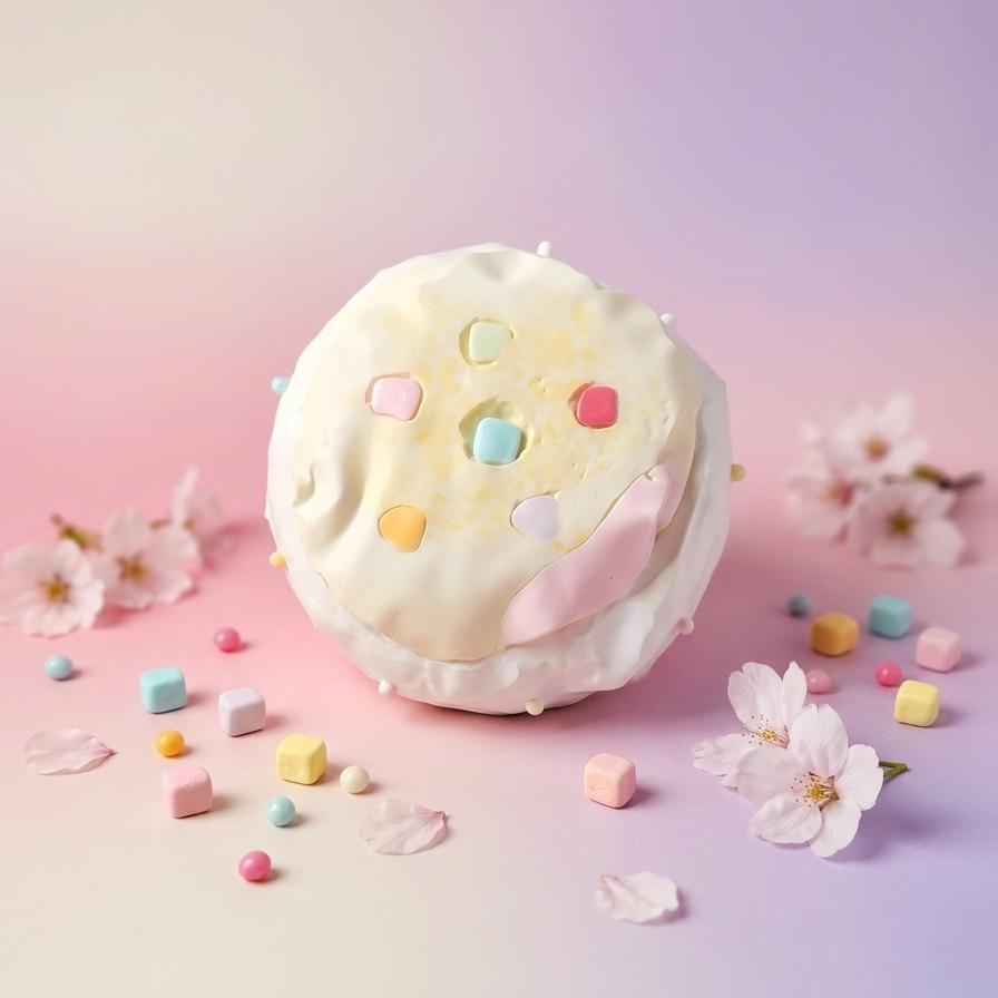A pastel-colored donut-shaped plush toy or decorative object with white frosting-like detailing and multicolored candy accents, styled on a soft pink and lavender gradient background with cherry blossoms and small pastel cubes.