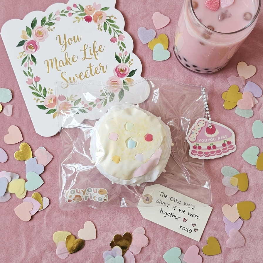 A styled flat-lay of a cute birthday gift set on a pink textured background, featuring a white squishy toy with colorful dots, a pink boba drink in a glass, a floral 'You Make Life Sweeter' card, and pastel heart confetti.