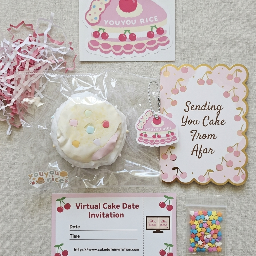 A cute cake-themed gift set on a beige linen background, featuring a round white squishy toy with colorful sprinkles, a pink cherry slice keychain, a virtual cake date invitation card, a virtual cake date card, and a small bag of multicolor sprinkles.
