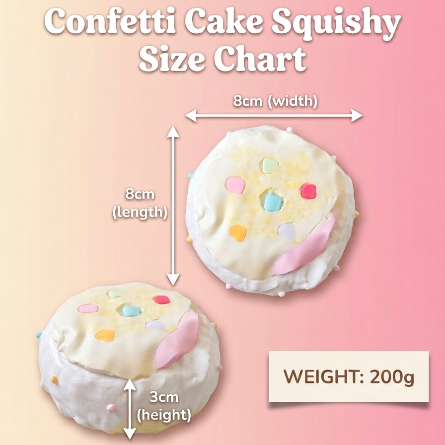 Confetti Cake Squishy size chart graphic showing two views of a round, frosted cake-like squishy toy with arrows indicating 8cm width and 8cm length, plus a 3cm height measurement and weight label of 200g.