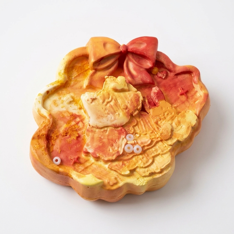 A decorative, handcrafted resin jewelry box shaped like a character's face, featuring a textured surface with a red bow, gold and pink details, and small white bead eyes, set against a plain white background.