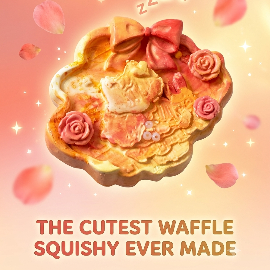 A cute, decorative waffle-shaped squishy toy with a pink bow, pink roses, and a cat face design, set against a warm pink background with floating petals and sparkles. Text at the bottom reads 'THE CUTEST WAFFLE SQUISHY EVER MADE'.