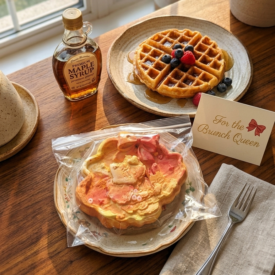A styled breakfast tabletop scene with two waffles on plates, a bottle of maple syrup, a napkin with a fork, and a card that reads 'For the Brunch Queen.' A packaged waffle is placed in the foreground on a wooden table near a window.