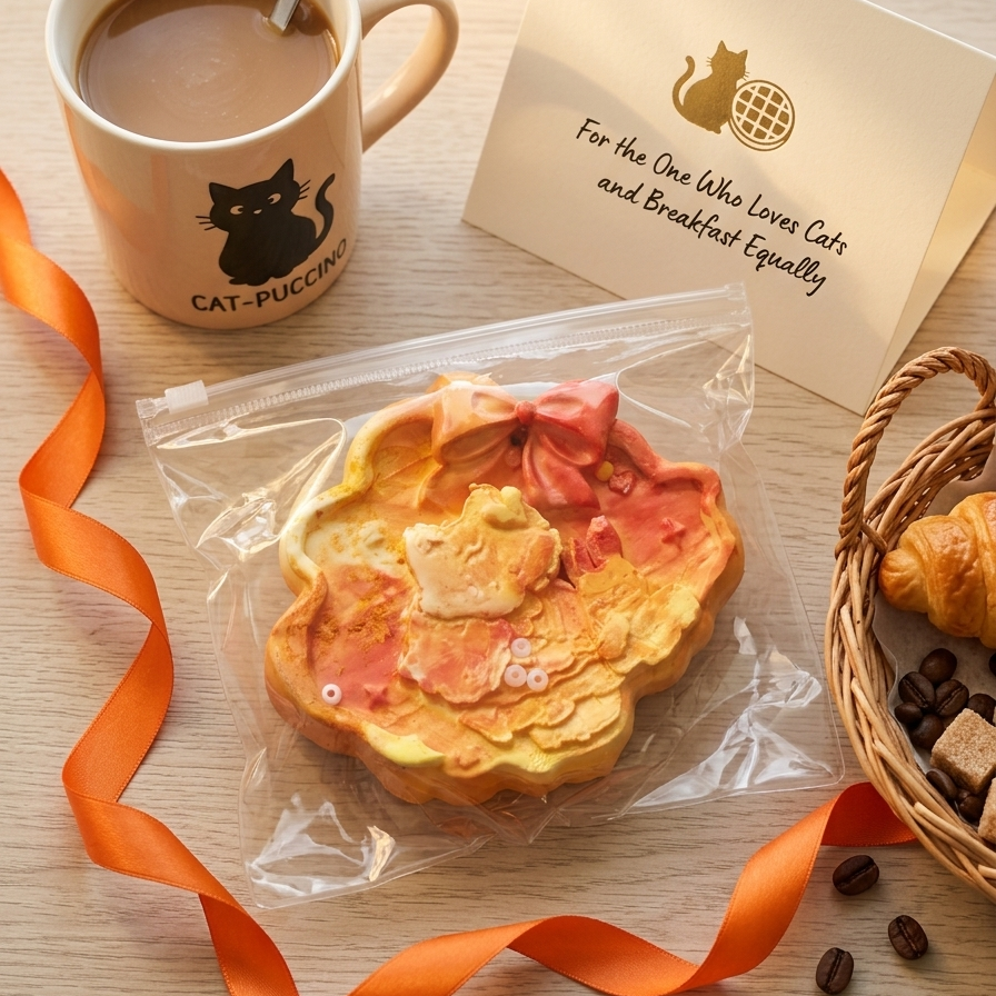 A packaged decorated pastry sits on a light wood tabletop with a coffee mug, a printed card, an orange ribbon, and a croissant basket. The mug and card show the brand name CAT-PUCCINO with a black cat logo.