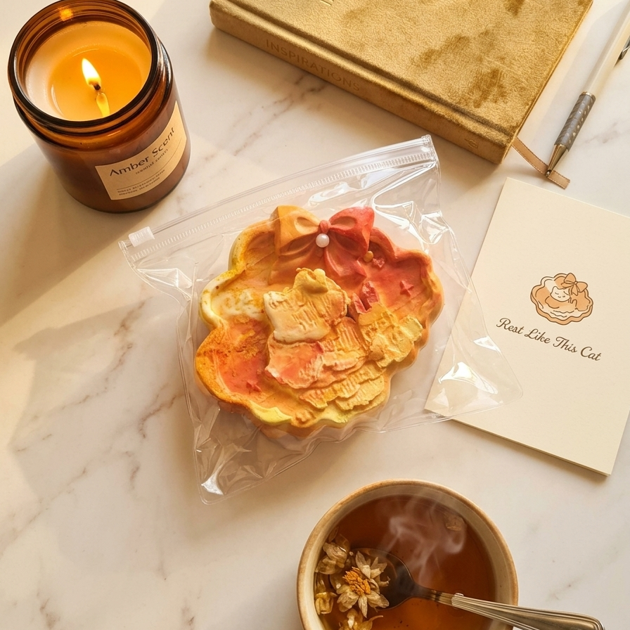 A styled flat-lay featuring a colorful, flower-shaped waffle cookie in a clear plastic bag, surrounded by a lit amber candle, a gold notebook, a white card, and a cup of tea on a white marble surface.