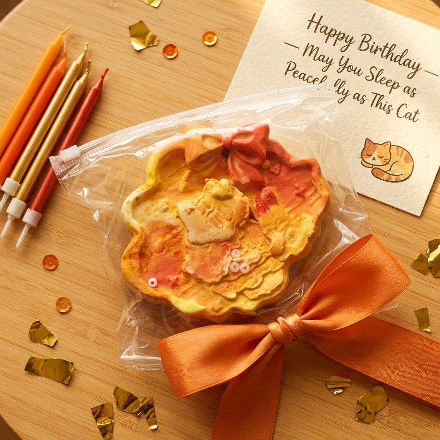 A packaged cat-shaped birthday cake with orange frosting and a large orange ribbon, placed on a wooden table with candles, confetti, and a handwritten note that says 'Happy Birthday - May You Sleep as Peacefully as This Cat'.