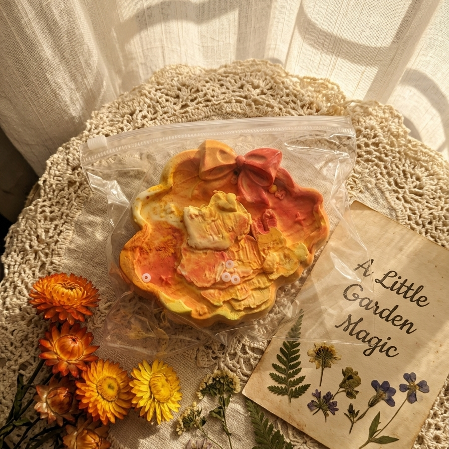 A decorative ceramic or resin flower-shaped object in orange, yellow, and peach tones, sealed in a clear plastic bag and placed on a lace-covered surface beside pressed flowers and a card reading 'A Little Garden Magic.'.