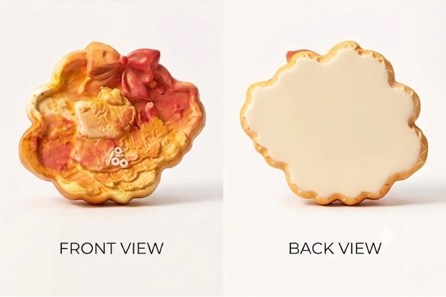 A scalloped cloud-shaped cookie shown in a four-panel layout with front and back views. The top-left panel shows the decorated front with a golden-brown base, pink icing accents, and a small white bow.