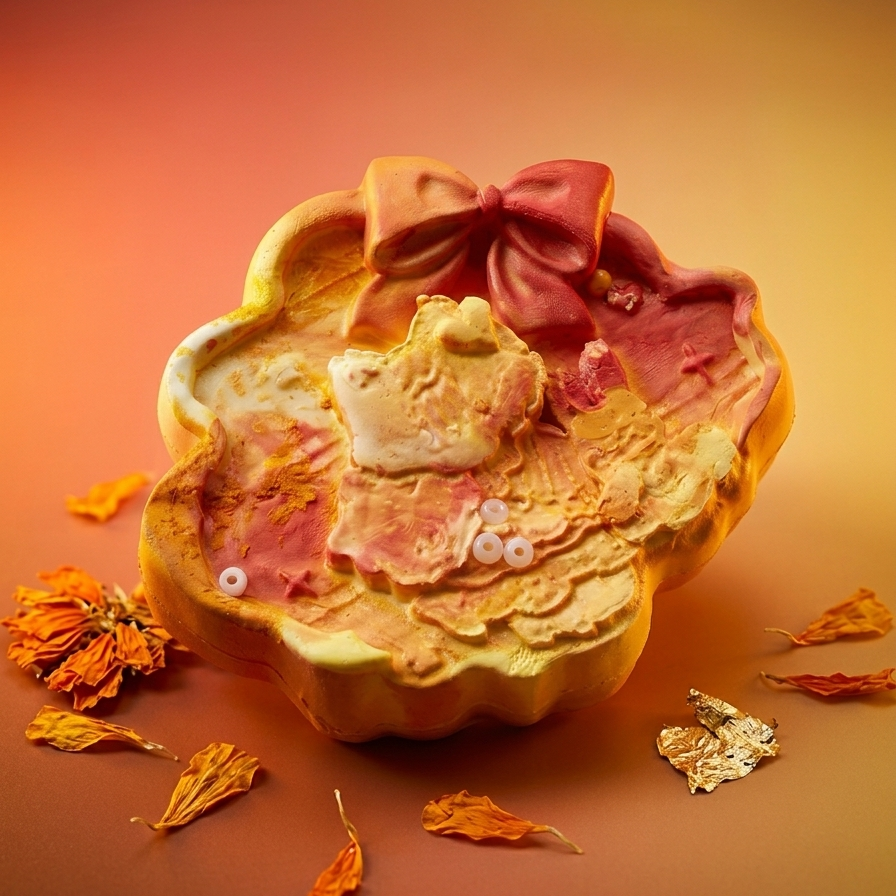 A decorative, handcrafted resin keepsake box shaped like a flower, featuring a pink bow, a small white cat figure, and textured floral details. The box is styled with dried orange flower petals on a warm orange and yellow gradient background.