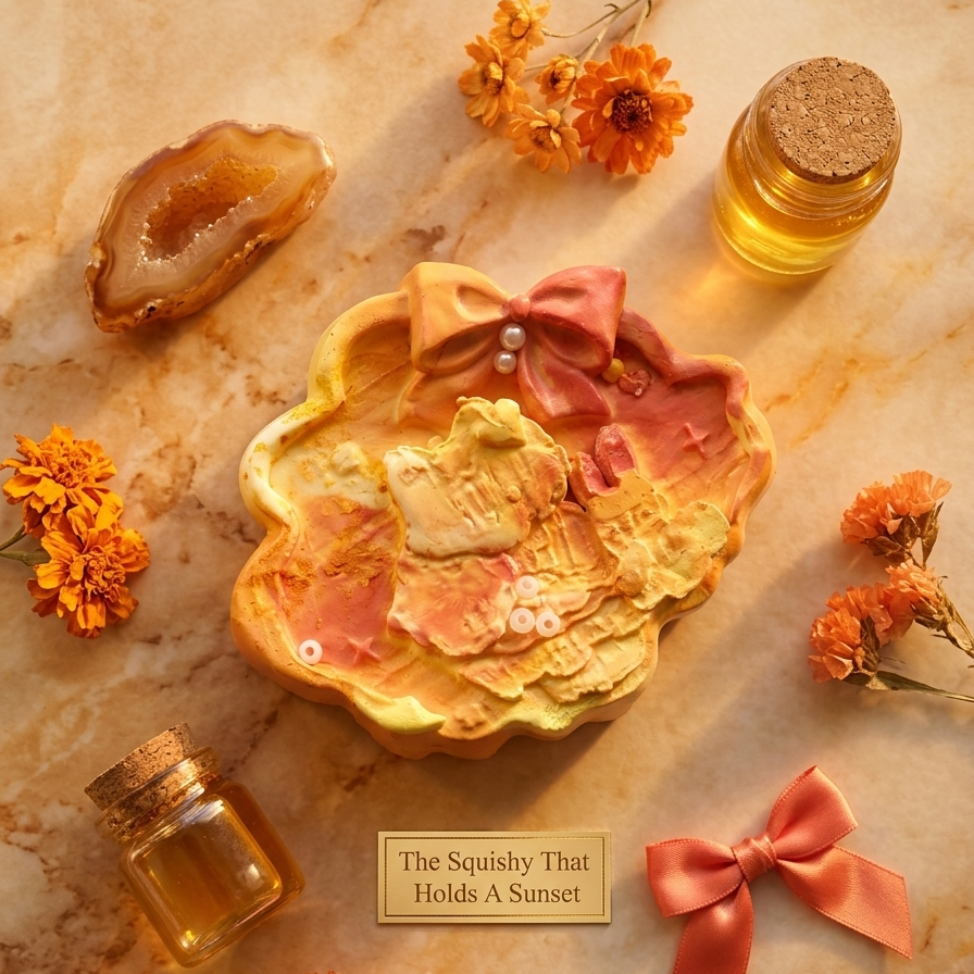 A decorative handmade resin tray with a castle design, styled on a beige marble background with orange flowers, small glass bottles, and ribbons. A small card reads 'The Squishy That Holds A Sunset'.