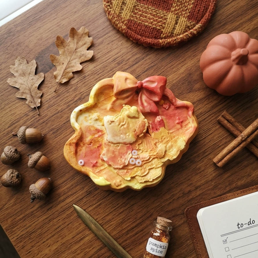 A decorative autumn-themed ceramic dish with a pumpkin shape, featuring a pink bow and a small carved pumpkin topper, styled on a wooden tabletop with acorns, cinnamon sticks, a checkered coaster, and a to-do journal.