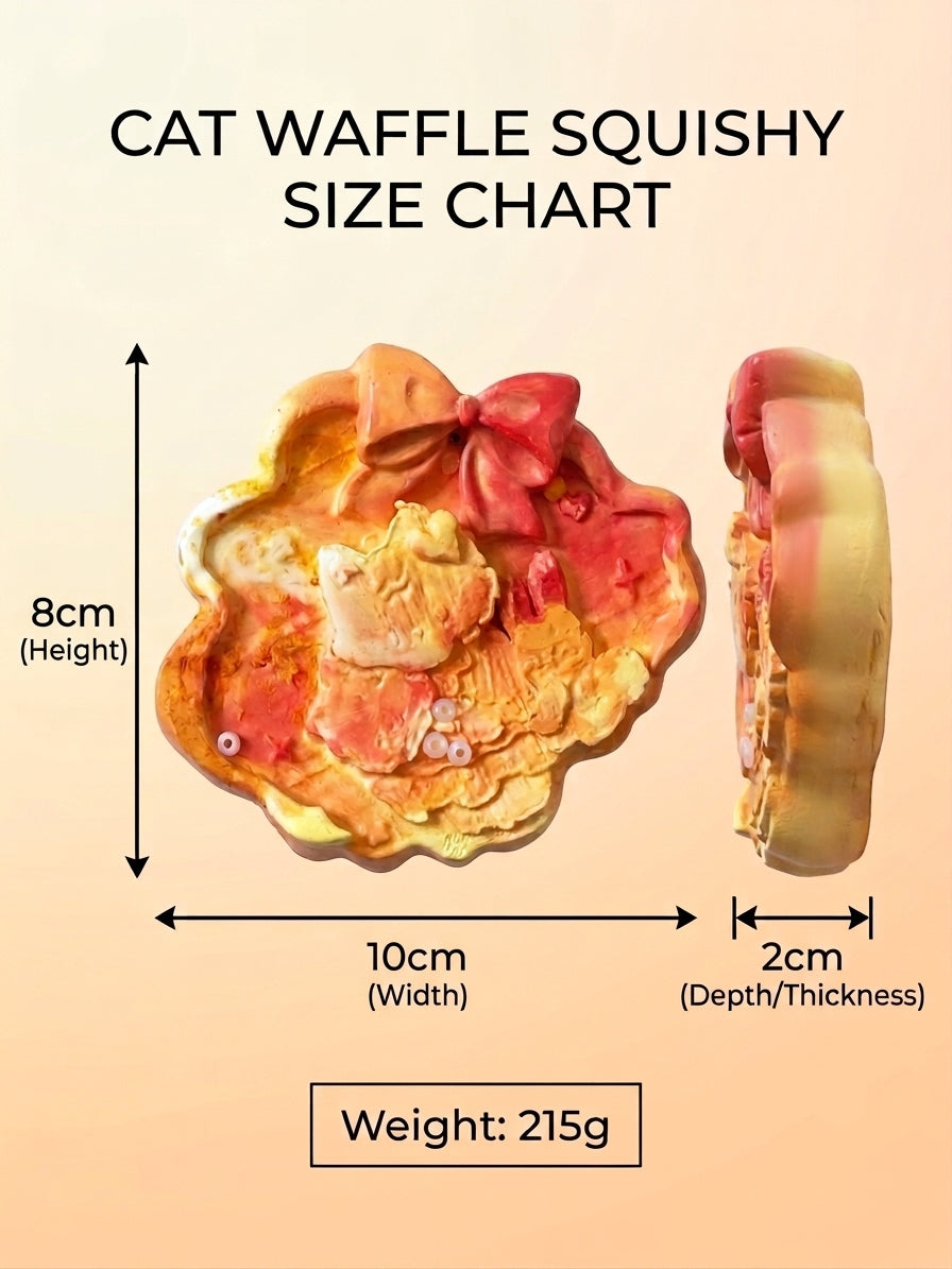 A size chart graphic for a cat-shaped waffle squishy, showing front and side views with dimensions labeled 8cm height, 10cm width, 2cm depth/thickness, and weight 215g on a pale peach background.