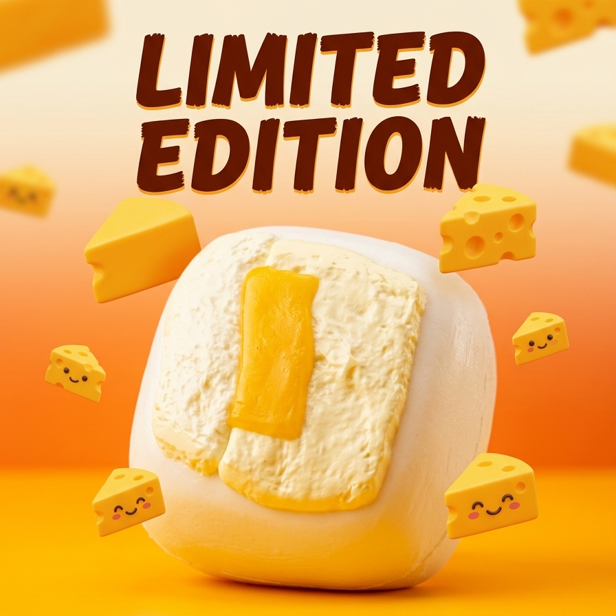 A promotional graphic for a collectible squishy shaped like a cheese-filled marshmallow, with floating cheese wedges and large text reading 'LIMITED EDITION' and 'FOODIE COLLECTOR SERIES SQUISHY COLLECTIBLE'.