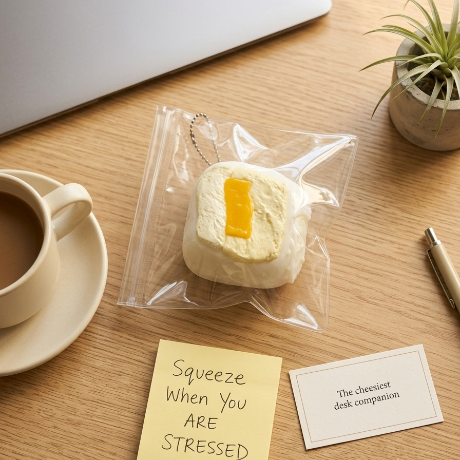 A novelty squishy toy shaped like a buttered piece of toast sits in a clear plastic bag on a wooden desk, surrounded by a coffee cup, sticky note, card, and small plant. The toy has a white exterior with a yellow butter slice detail.