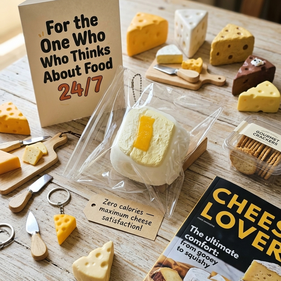 A cheese-themed snack or gift set arranged on a wooden table, including a card that reads 'For the One Who Thinks About Food 24/7', a packaged squishy shaped like a buttered piece of bread, several cheese-shaped snacks, small cheese knives, wooden cutting boards, and a magazine titled 'Cheese Lover'.