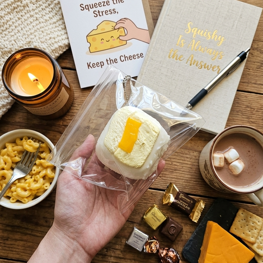 A hand holds a packaged cheese-filled pastry in a clear bag, surrounded by cozy food and stationery props on a wooden table: macaroni in a bowl, a lit candle, a notebook with gold text, a card, chocolate pieces, crackers, and a cup of hot chocolate with marshmallows.