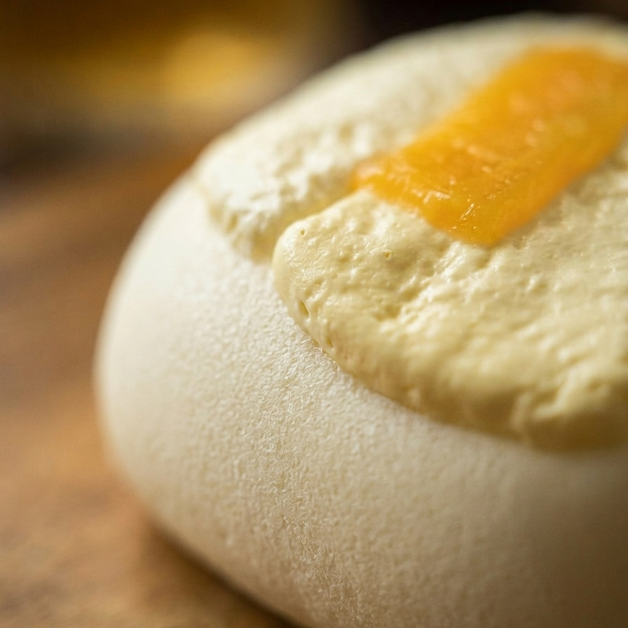 A close-up shot of a round, textured white pastry or bread with a glossy, golden-orange caramelized strip on top, resting on a rustic wooden surface.