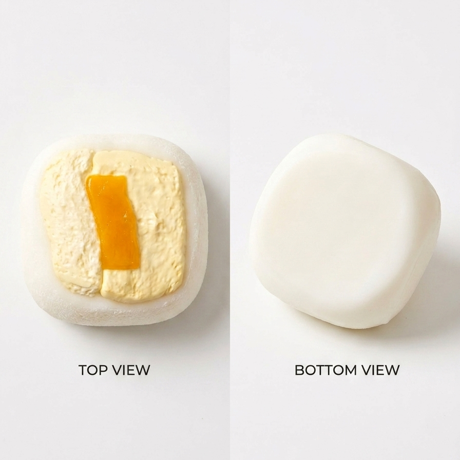 A square white bath bomb shown from two angles on a white background, labeled 'TOP VIEW' and 'BOTTOM VIEW'. The top view reveals a textured pale yellow surface with a vertical orange-yellow stripe, while the bottom view shows a smooth matte white side.