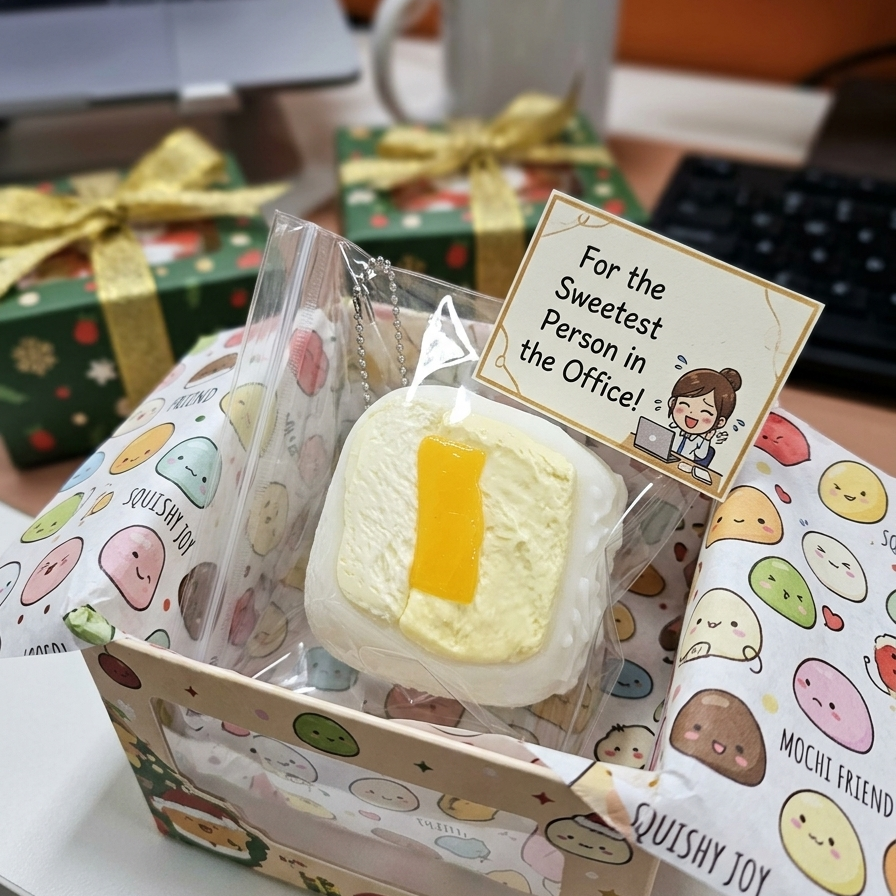 A cute, square-shaped white squishy toy with a yellow rectangular accent, presented in a decorated cardboard box with a handwritten note that reads 'For the Sweetest Person in the Office!'. The box is filled with matching patterned tissue paper and other gift boxes in the background on a desk.