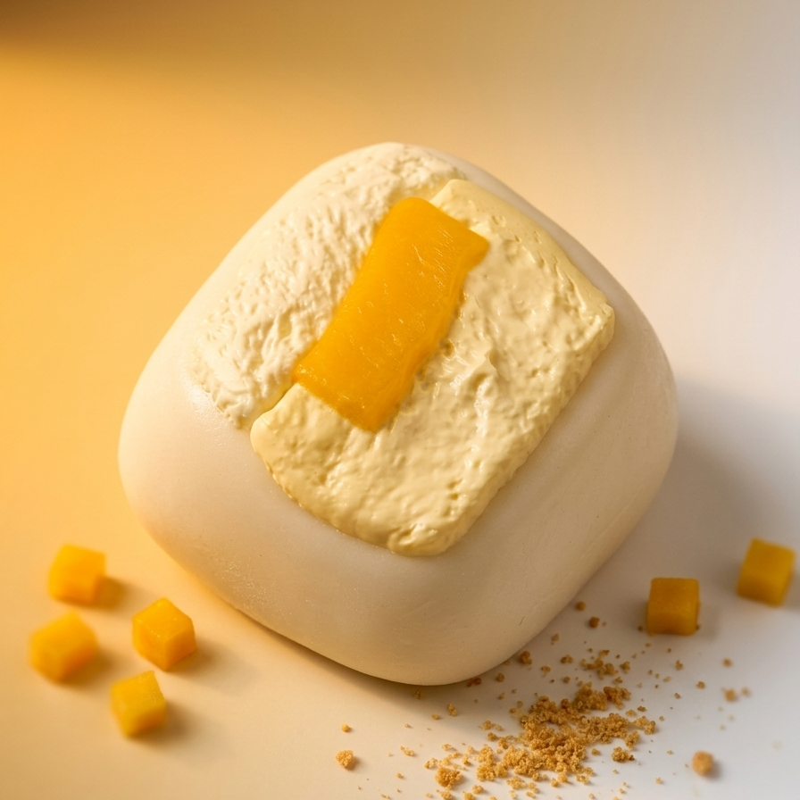 A square-shaped cream-colored cosmetic or food product with a smooth matte finish, topped with a rectangular yellow-orange patch and small scattered crumbs, photographed on a warm beige background with a few matching cubes around it.