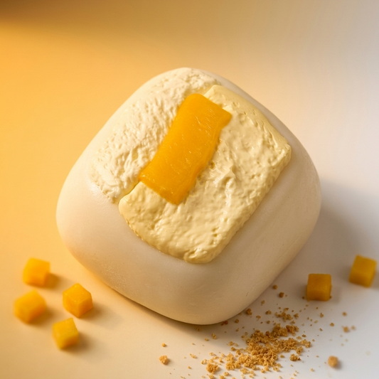 A square-shaped cream-colored cosmetic or food product with a smooth matte finish, topped with a rectangular yellow-orange patch and small scattered crumbs, photographed on a warm beige background with a few matching cubes around it.