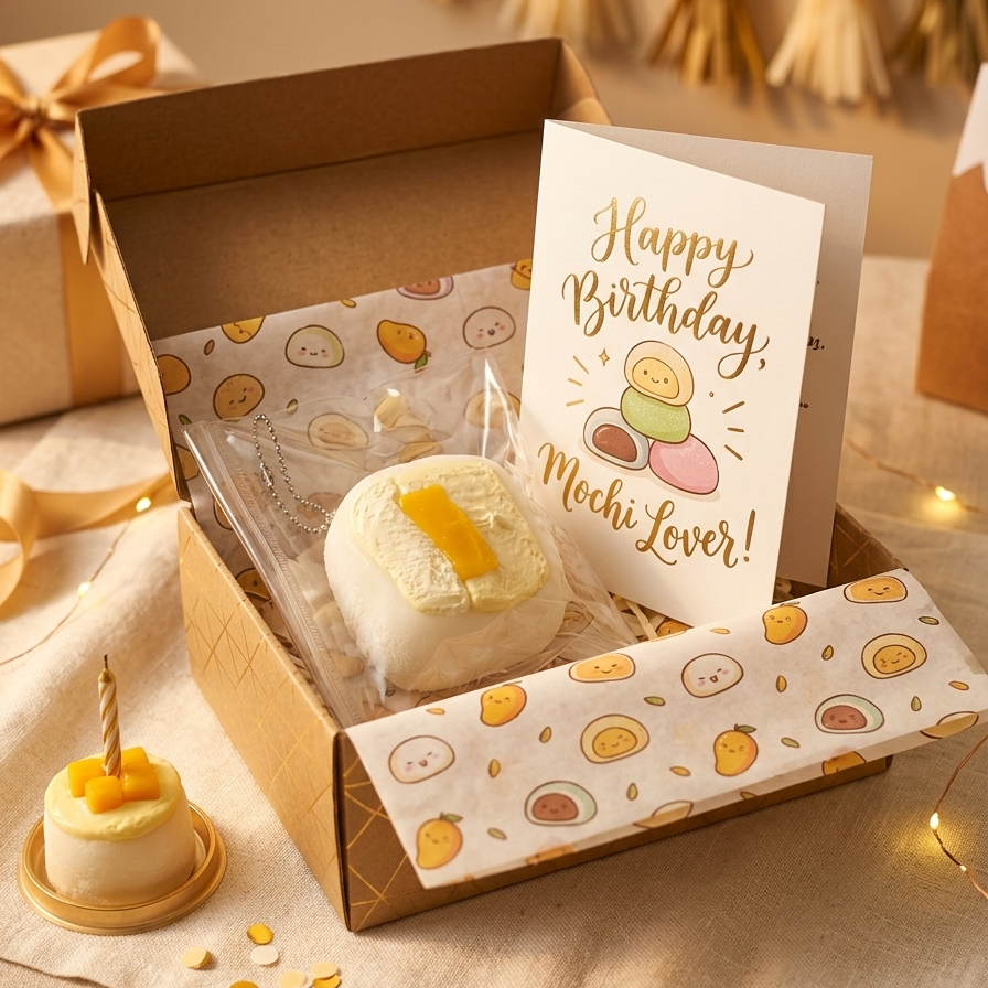 A gift box containing a small wrapped dessert or pastry and a greeting card that reads 'Happy Birthday, Mochi Lover!' with a cartoon mochi illustration. The box is lined with patterned paper and styled on a fabric surface with gold confetti, ribbon, and warm string lights.
