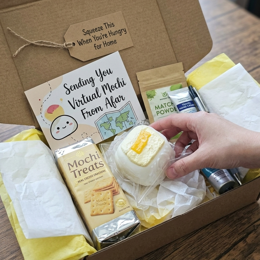 A cardboard gift box filled with snack items and a handwritten note, with a hand reaching for a wrapped white mochi snack on a wooden table.