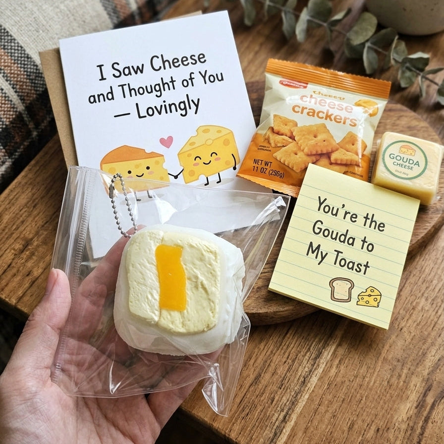 A hand holds a cheese-themed squishy toy in a clear bag, surrounded by a cheese crackers pack, a cheese note pad, a cheese card, and a plaid pillow on a wooden table with mugs in the background.