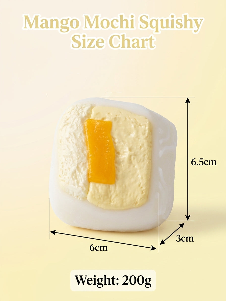 Mango Mochi Squishy size chart graphic showing a white and pale yellow mochi-shaped item with dimension labels of 6cm by 3cm by 6.5cm, plus text stating Weight: 200g.