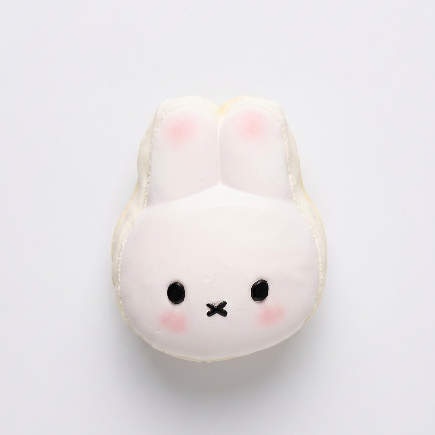 A cute, round white bunny-shaped macaron with pink cheeks and black eyes, centered on a clean white background.