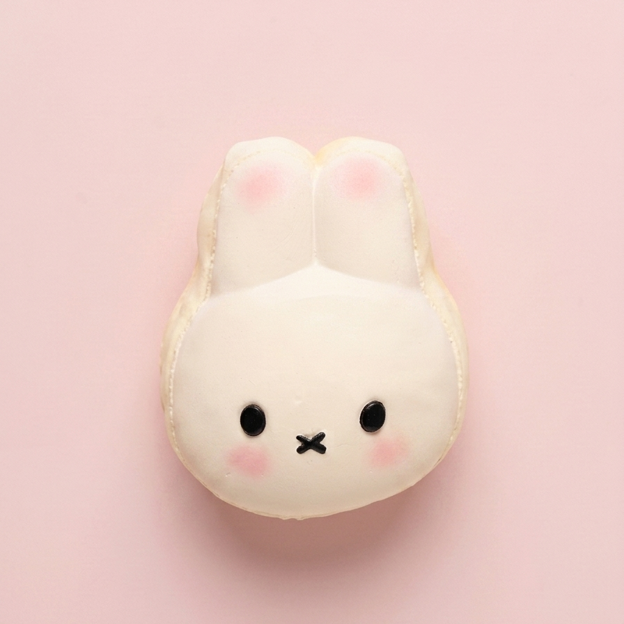 A cute, white bunny-shaped macaron with pink cheeks and black eyes, centered on a solid light pink background.