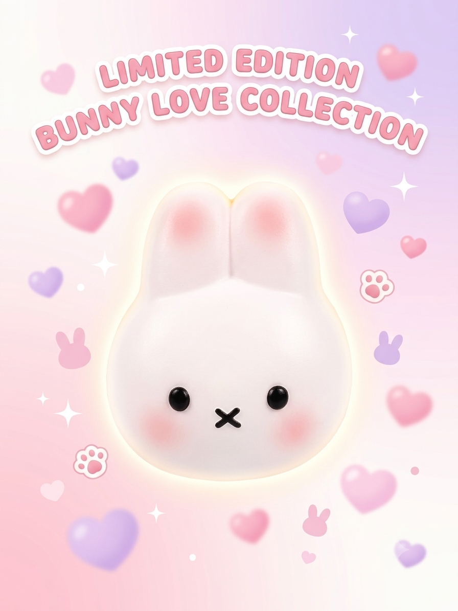 A cute white bunny character centered on a pastel pink and lavender background with floating hearts, paw prints, and the text 'LIMITED EDITION BUNNY LOVE COLLECTION' at the top.