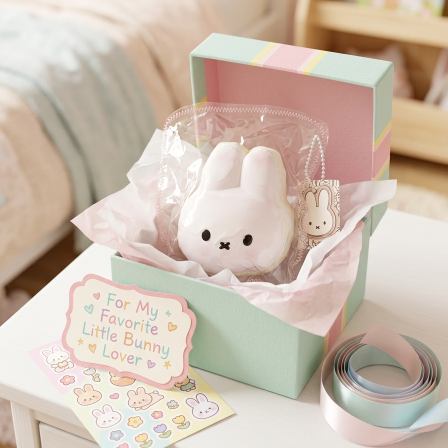 A cute white bunny plush toy in clear plastic packaging, presented inside a pastel green and pink gift box with tissue paper. A matching sticker card reading 'For My Favorite Little Bunny Lover' and a roll of pastel ribbon sit beside it on a white table, with a softly blurred bedroom background.