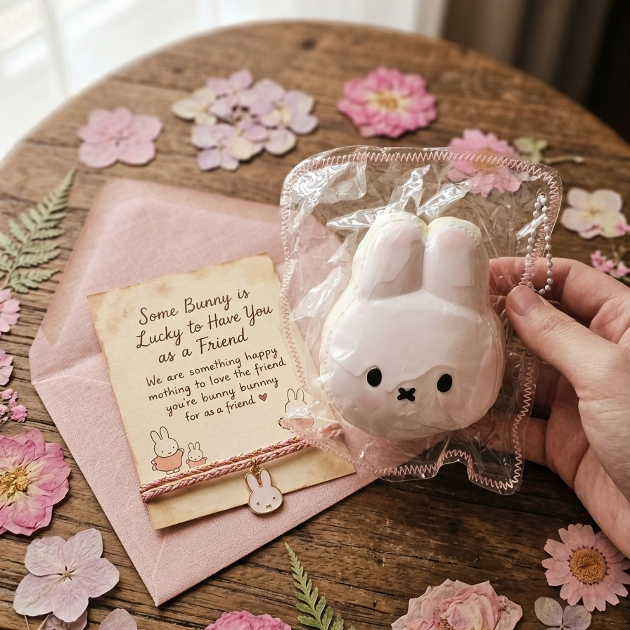 A hand holds a small white bunny-shaped squishy toy in a clear plastic bag next to a pink envelope and a handwritten note on a wooden table decorated with pink flowers.