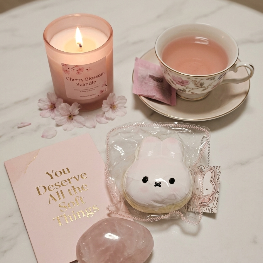 A styled flat-lay featuring a pink candle labeled Cherry Blossom Sculptrix, a cup of pink tea on a saucer, a pink card reading 'You Deserve All the Soft Things', a packaged white bunny-shaped squishy toy, and a pink rose quartz stone on a white marble surface.