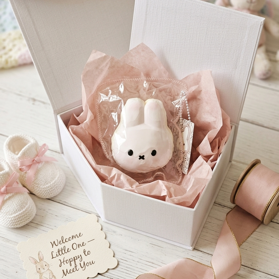 A white ceramic bunny toy in clear plastic packaging, nestled in pink tissue paper inside an open white gift box. The scene is styled with baby booties, a pink ribbon, a welcome card, and a plush toy on a light wooden surface.